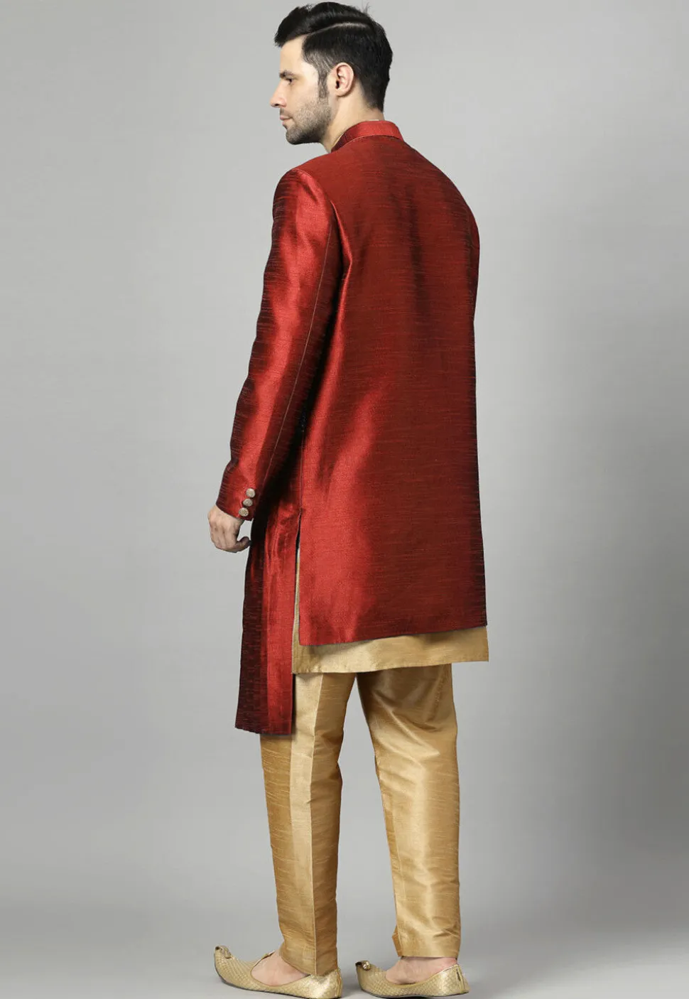 Embroidered Art Silk Sherwani in Maroon and Golden