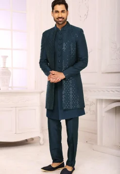 Embroidered Art Silk Sherwani in Navy Blue