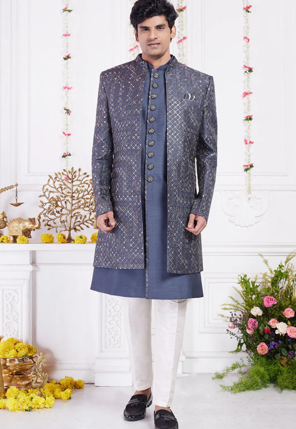 Embroidered Art Silk Sherwani in Dusty Blue