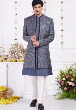 Embroidered Art Silk Sherwani in Dusty Blue
