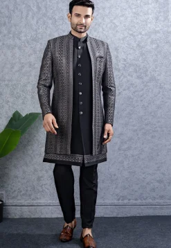 Embroidered Art Silk Sherwani in Black