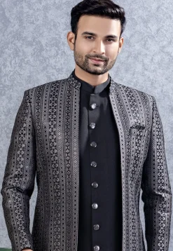 Embroidered Art Silk Sherwani in Black