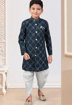 Embroidered Art Silk Sherwani in Teal Blue
