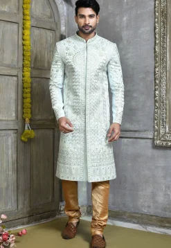 Embroidered Art Silk Sherwani in Sky Blue