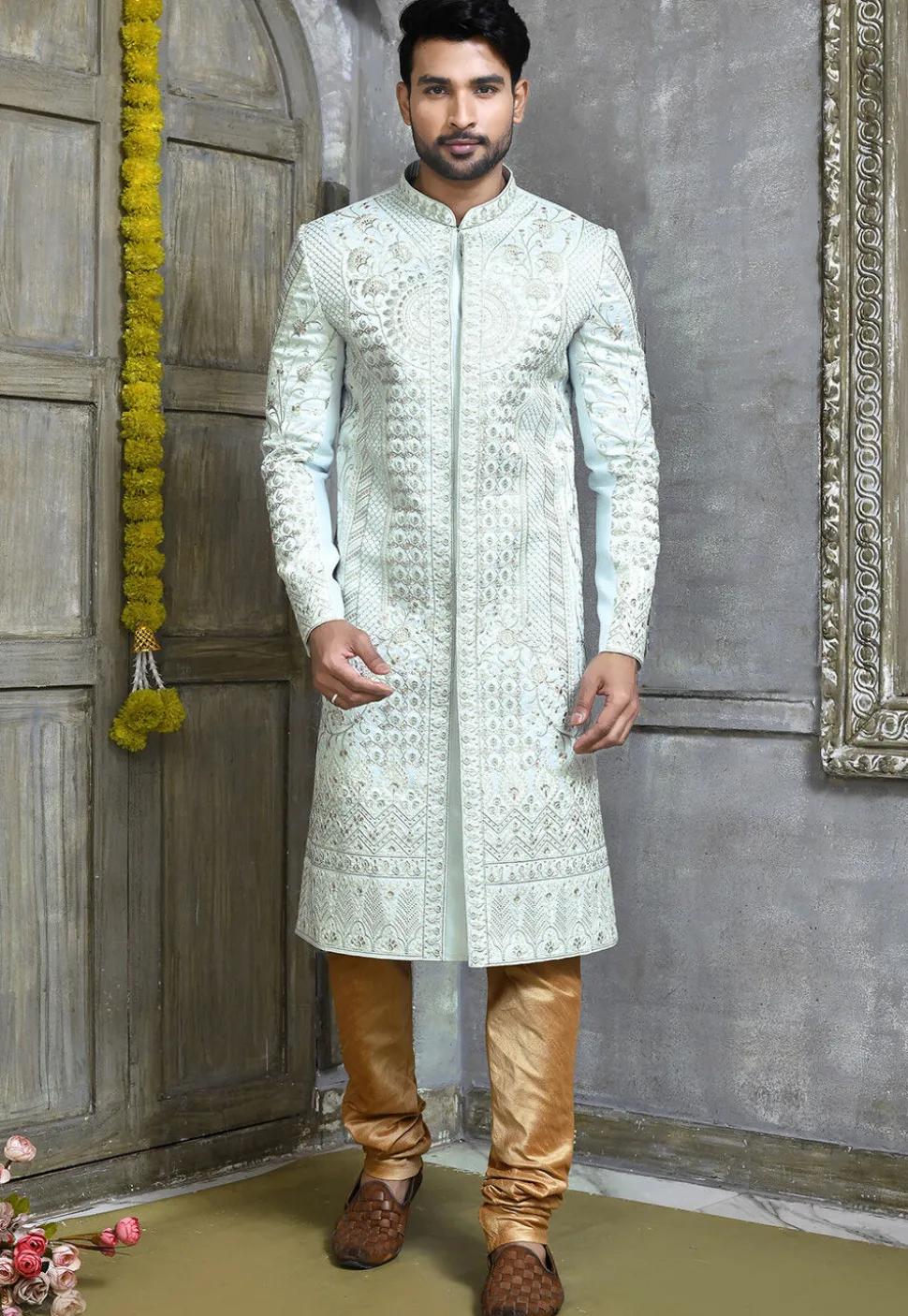 Embroidered Art Silk Sherwani in Sky Blue