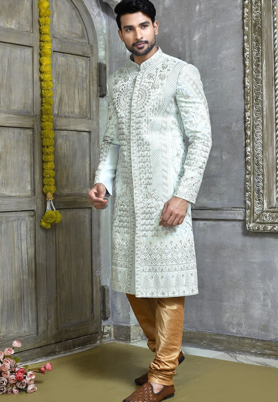 Embroidered Art Silk Sherwani in Sky Blue