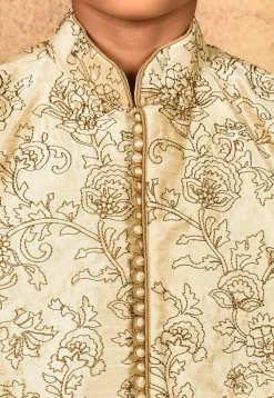 Embroidered Art Silk Sherwani Set in Light Beige