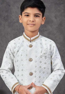 Embroidered Art Silk Sherwani in Off White