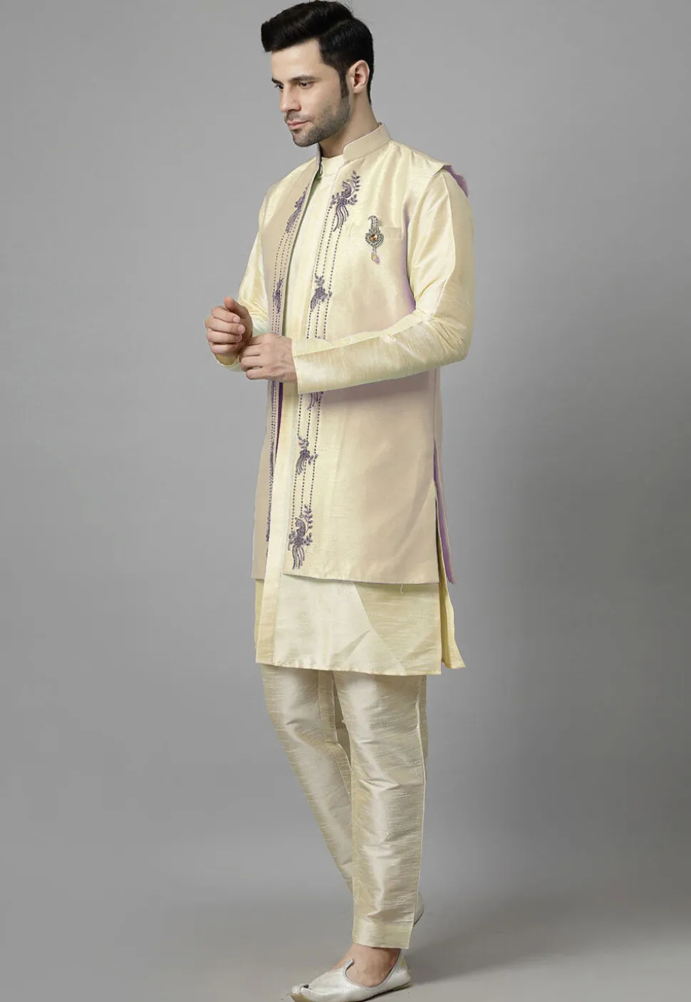 Embroidered Art Silk Sherwani in Light Beige and Cream