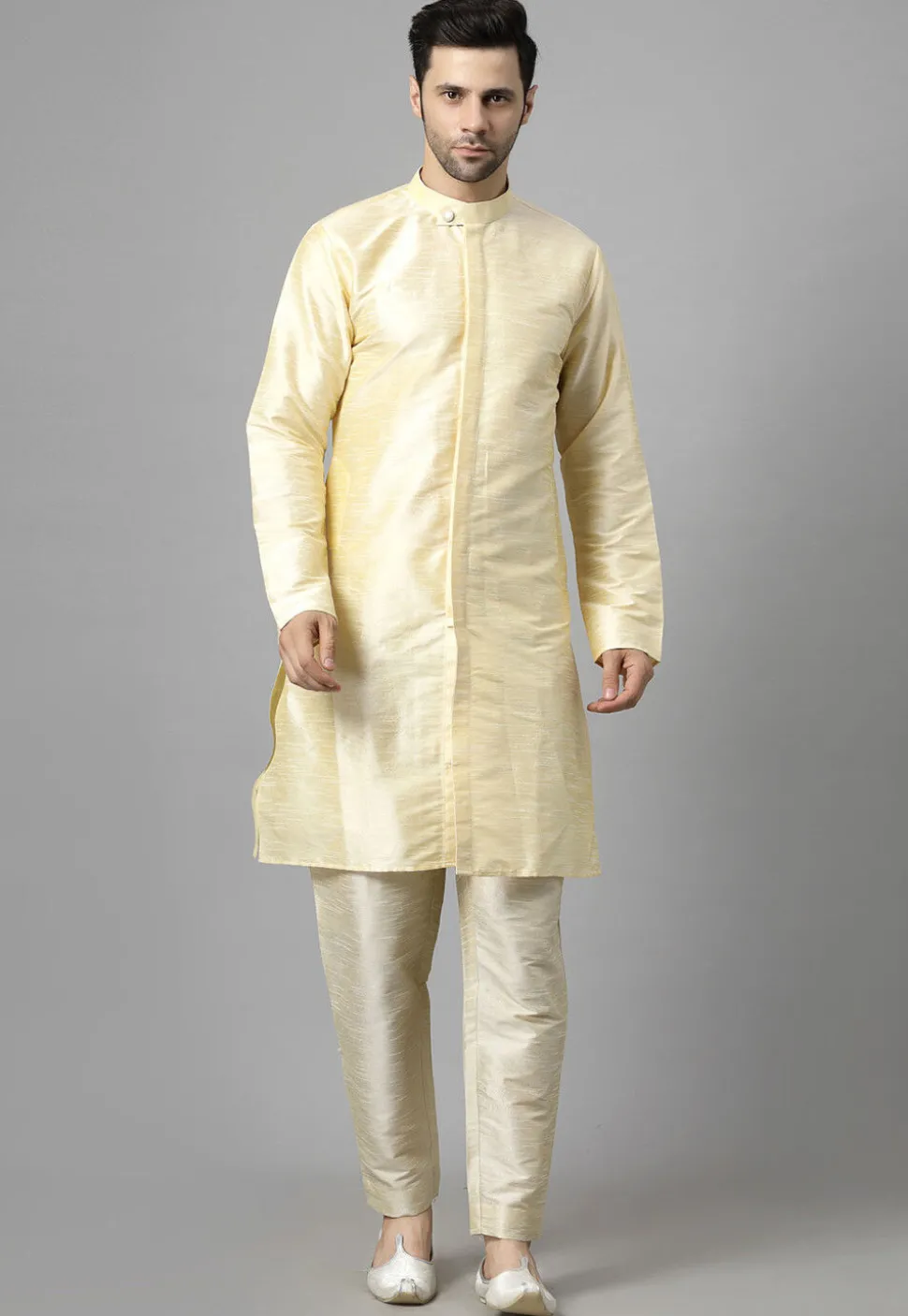 Embroidered Art Silk Sherwani in Light Beige and Cream