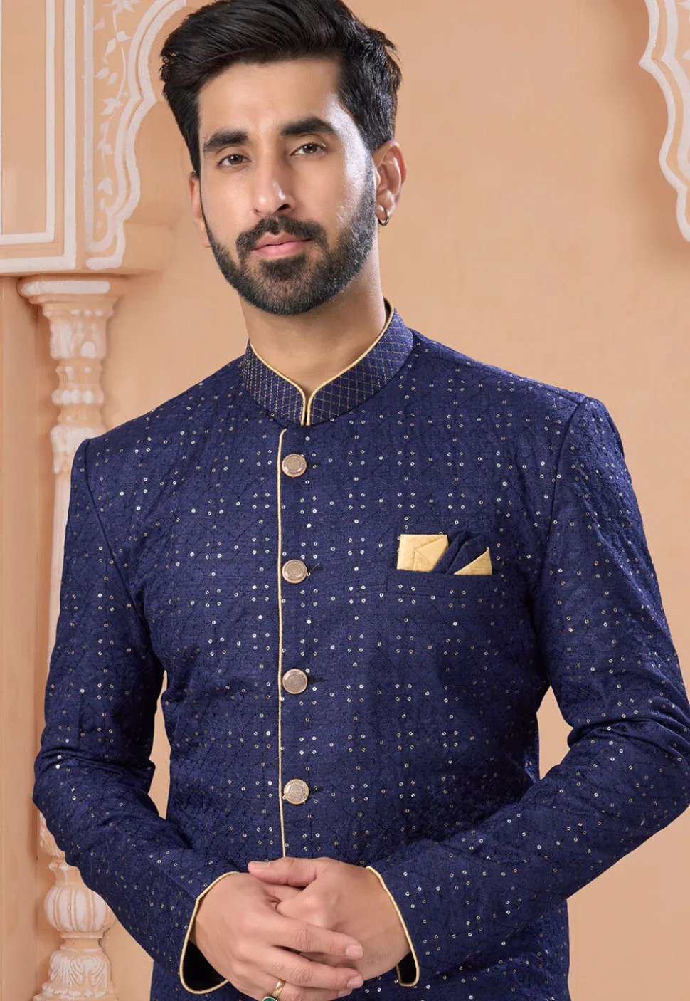 Embroidered Art Silk Sherwani in Navy Blue