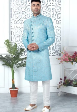Embroidered Art Silk Sherwani in Sky Blue
