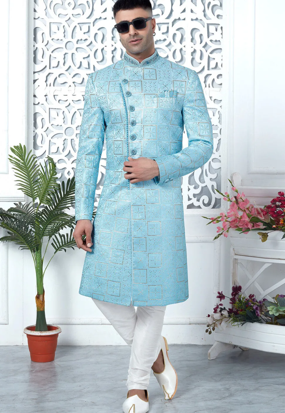 Embroidered Art Silk Sherwani in Sky Blue