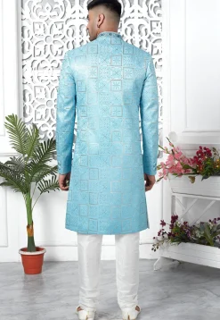 Embroidered Art Silk Sherwani in Sky Blue