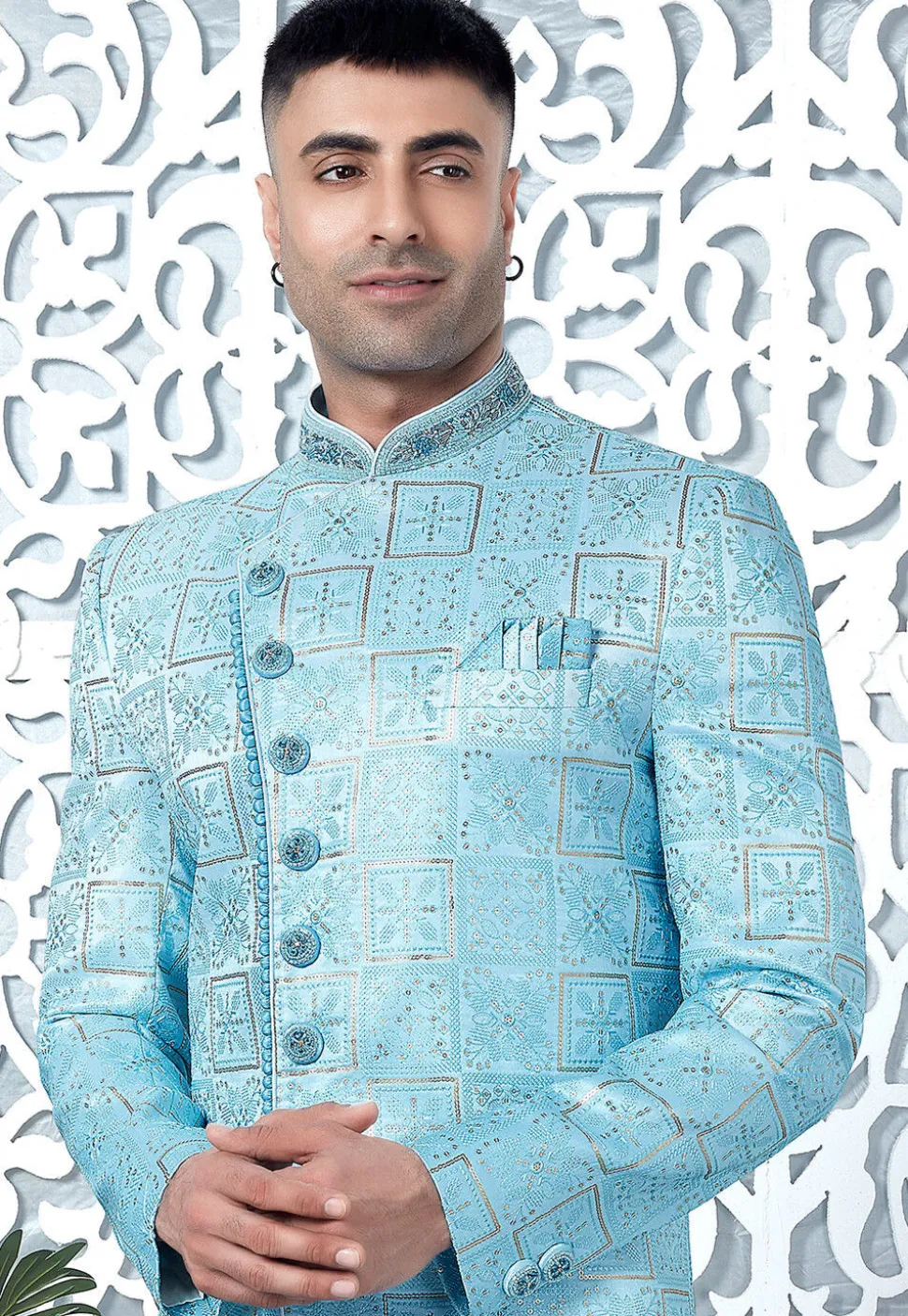 Embroidered Art Silk Sherwani in Sky Blue