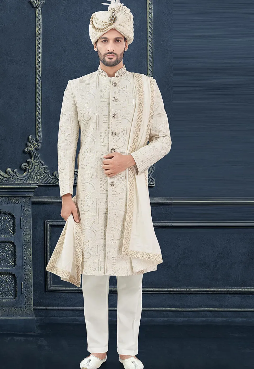 Embroidered Art Silk Sherwani in Off White
