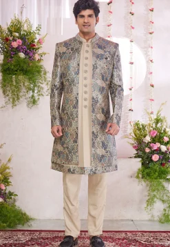 Embroidered Art Silk Sherwani in Beige
