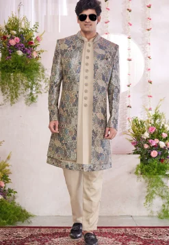 Embroidered Art Silk Sherwani in Beige