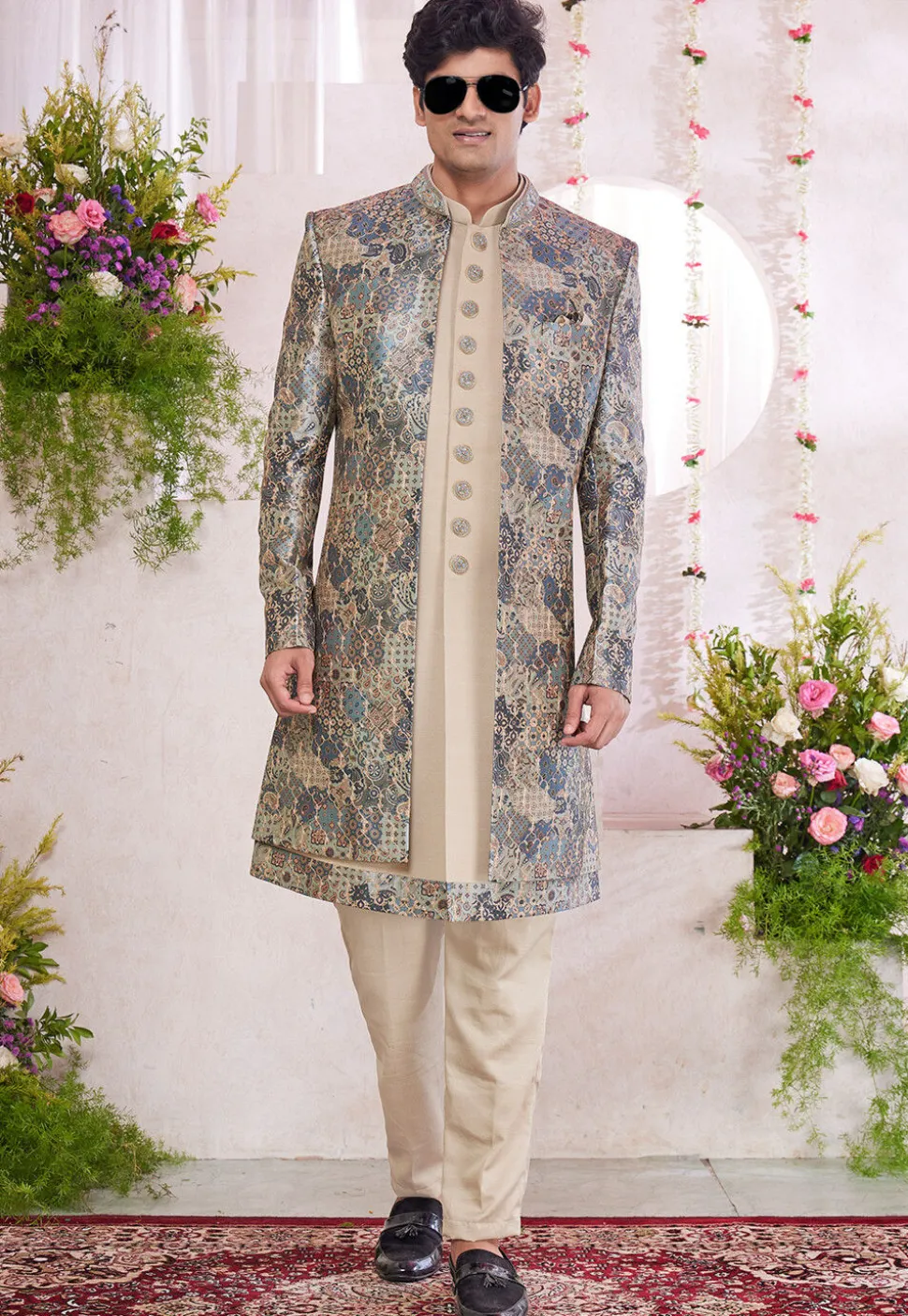 Embroidered Art Silk Sherwani in Beige