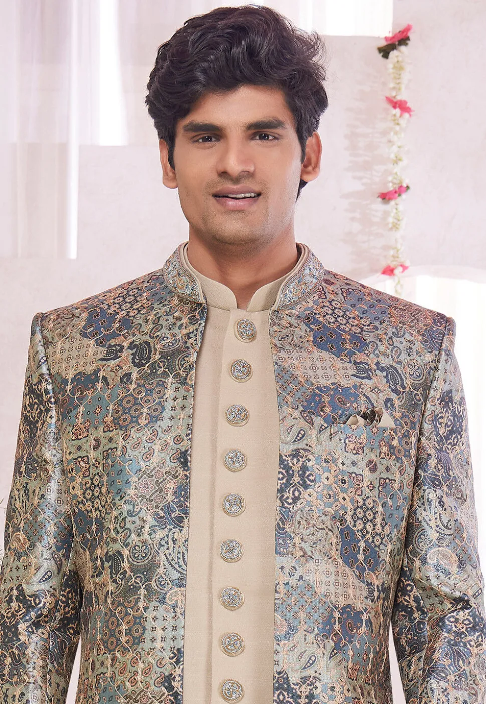 Embroidered Art Silk Sherwani in Beige