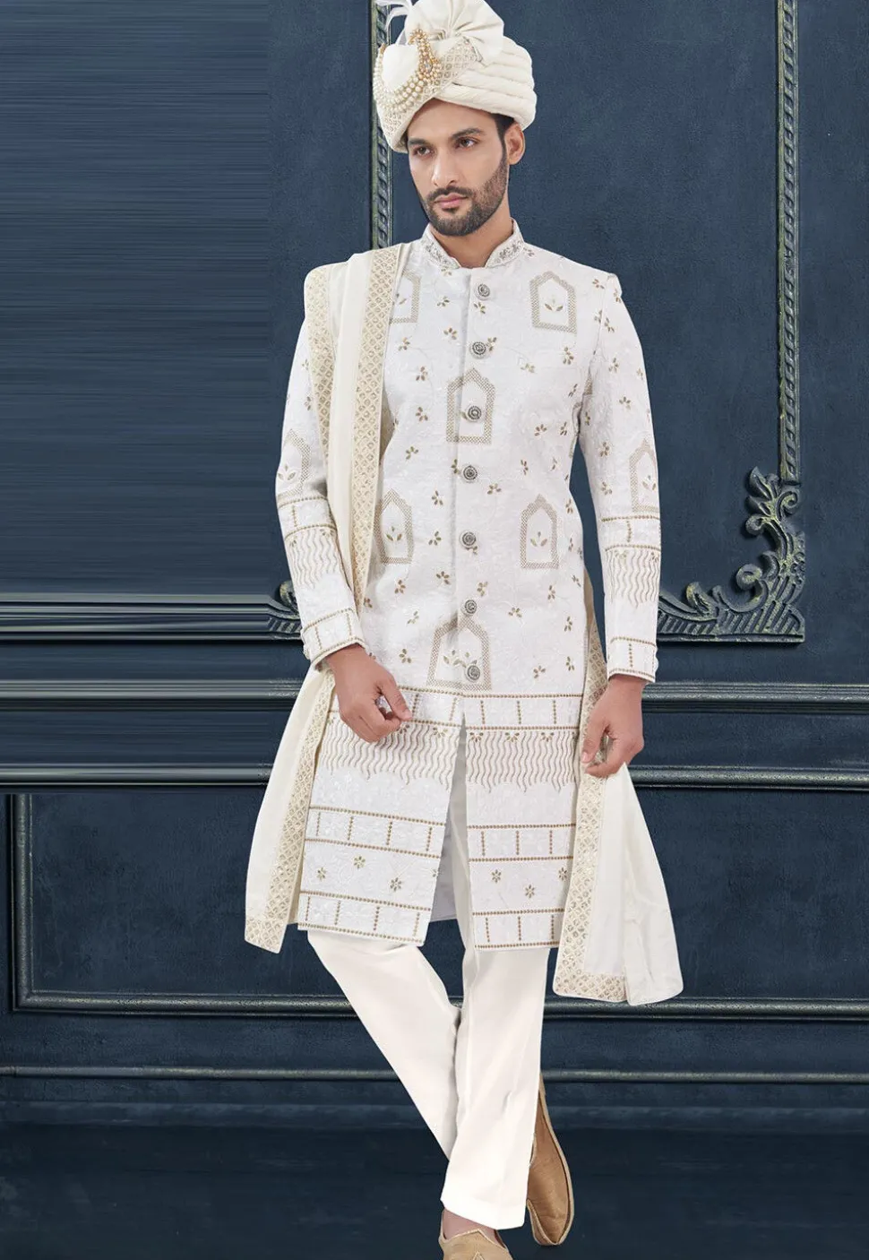 Embroidered Art Silk Sherwani in White