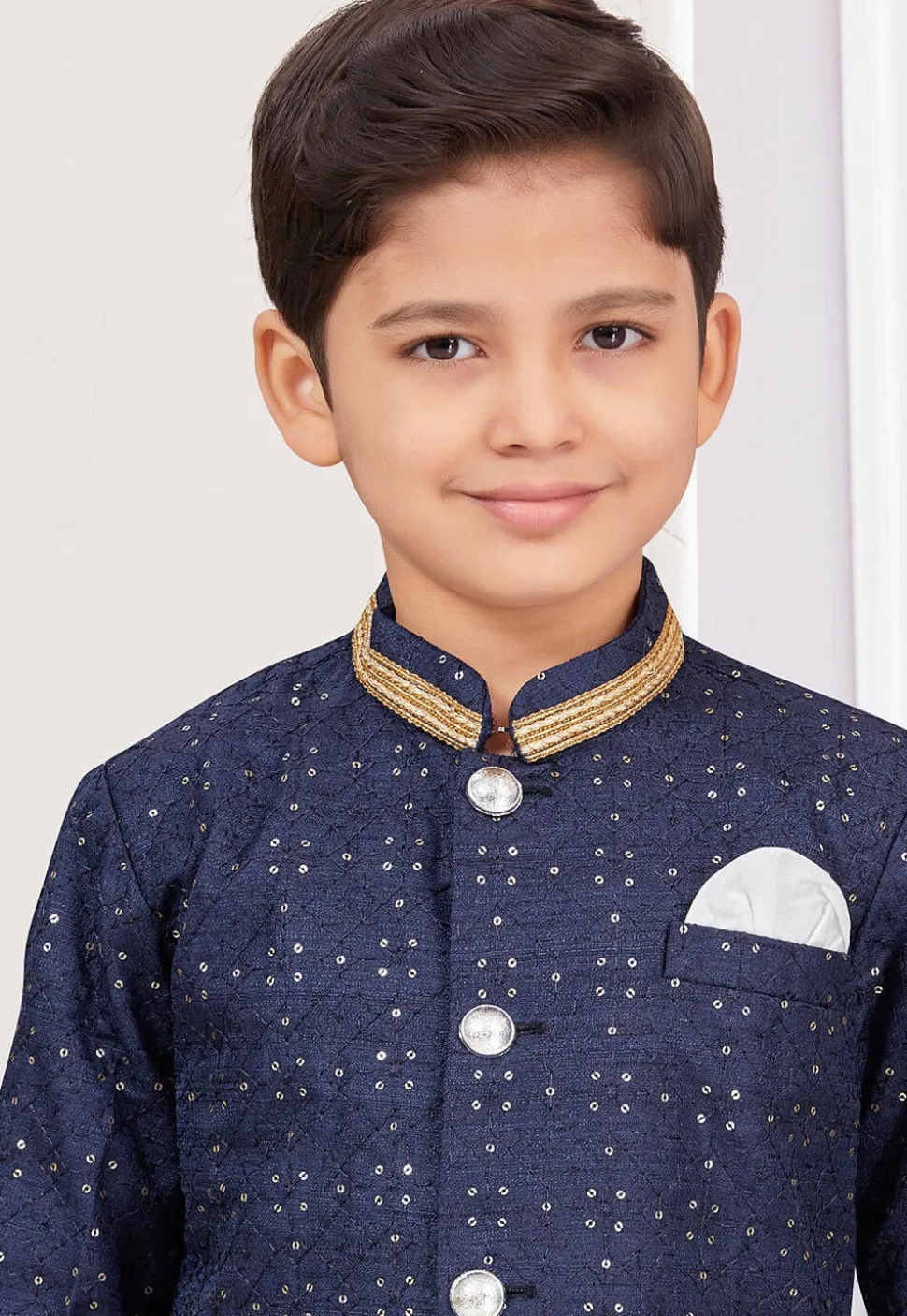 Embroidered Art Silk Sherwani in Navy Blue
