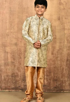 Embroidered Art Silk Sherwani Set in Light Beige