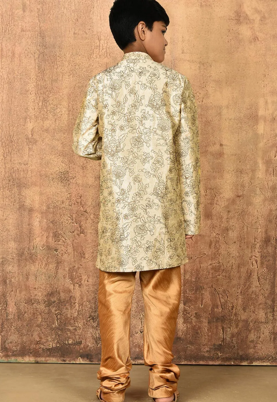 Embroidered Art Silk Sherwani Set in Light Beige