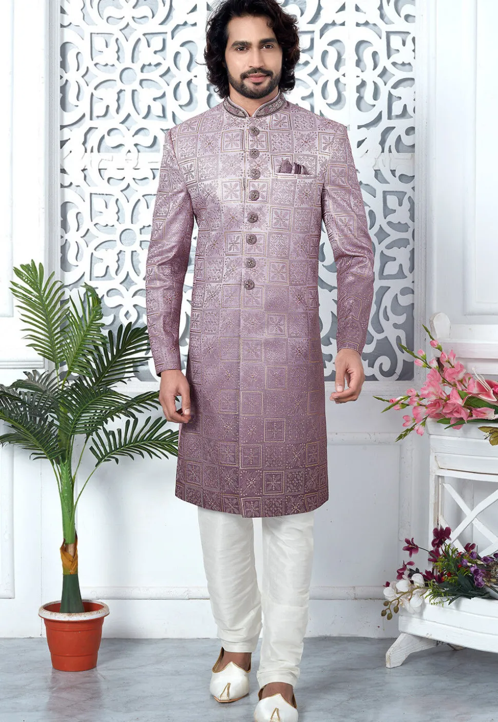 Embroidered Art Silk Sherwani in Dusty Purple