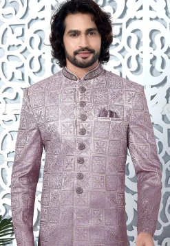 Embroidered Art Silk Sherwani in Dusty Purple