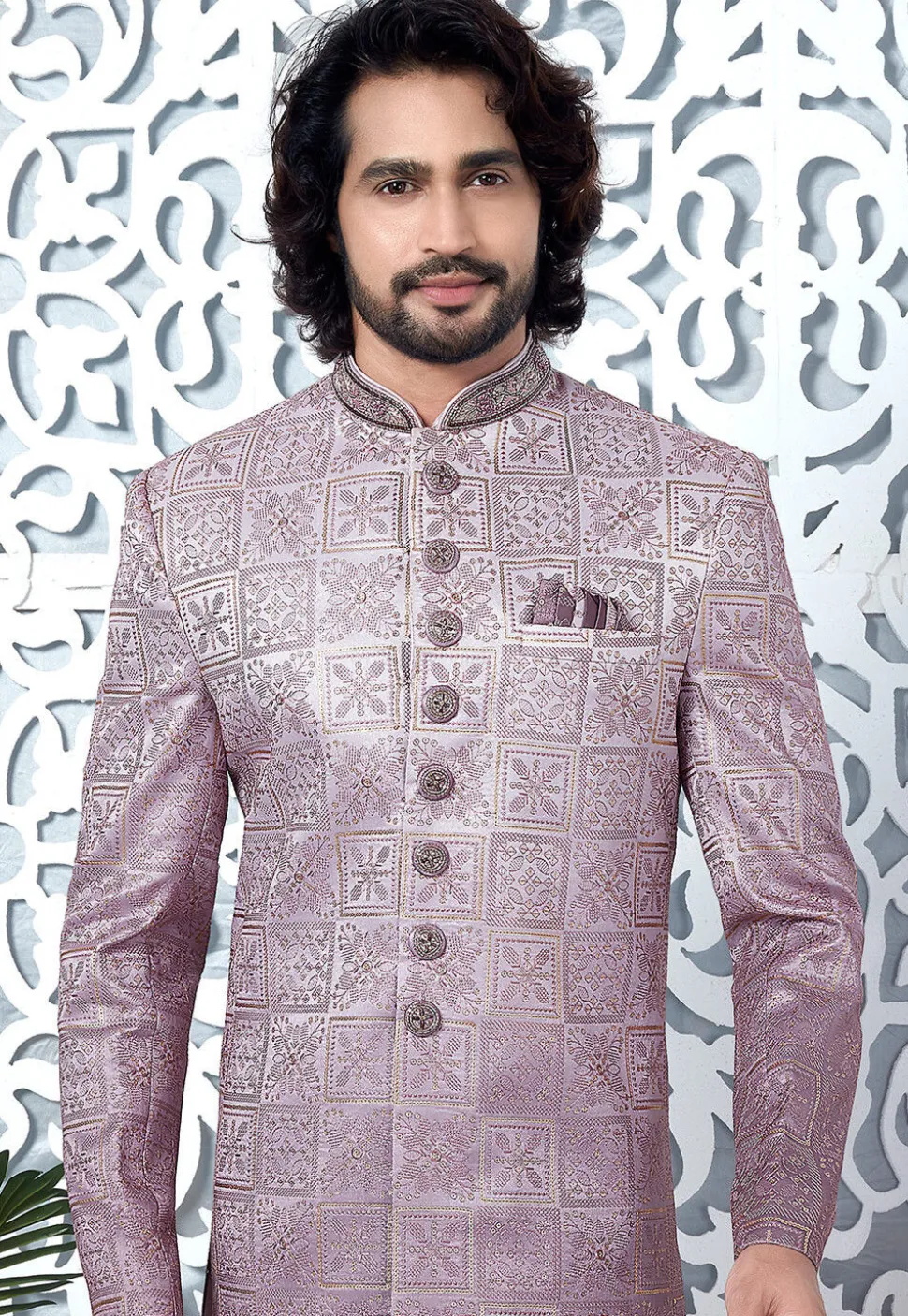 Embroidered Art Silk Sherwani in Dusty Purple
