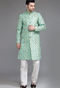 Embroidered Art Silk Sherwani in Turquoise