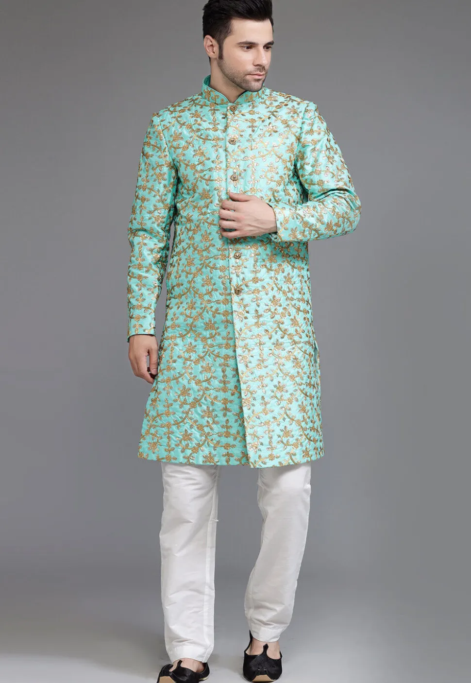 Embroidered Art Silk Sherwani in Turquoise