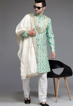 Embroidered Art Silk Sherwani in Turquoise