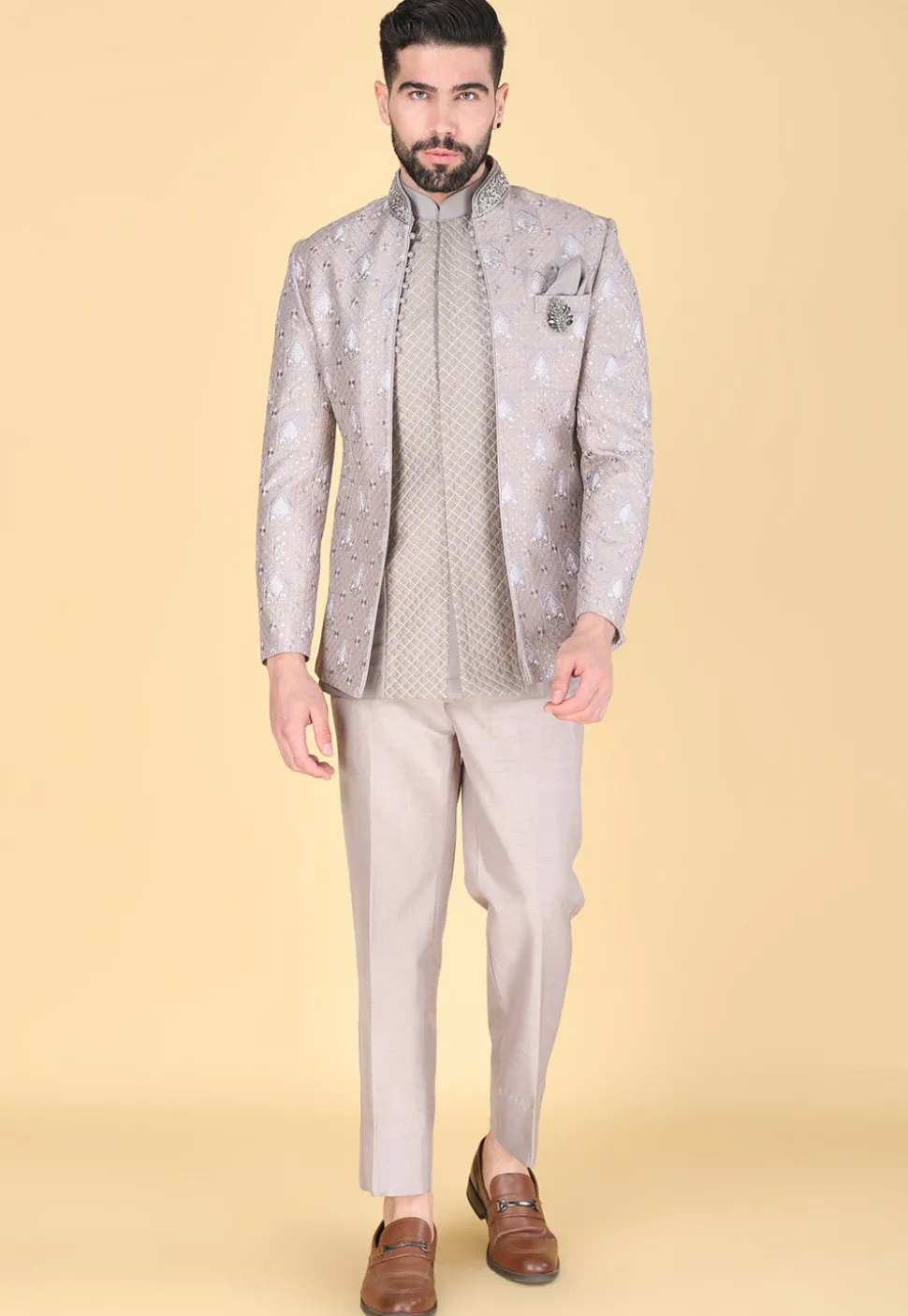 Embroidered Art Silk Sherwani in Fawn