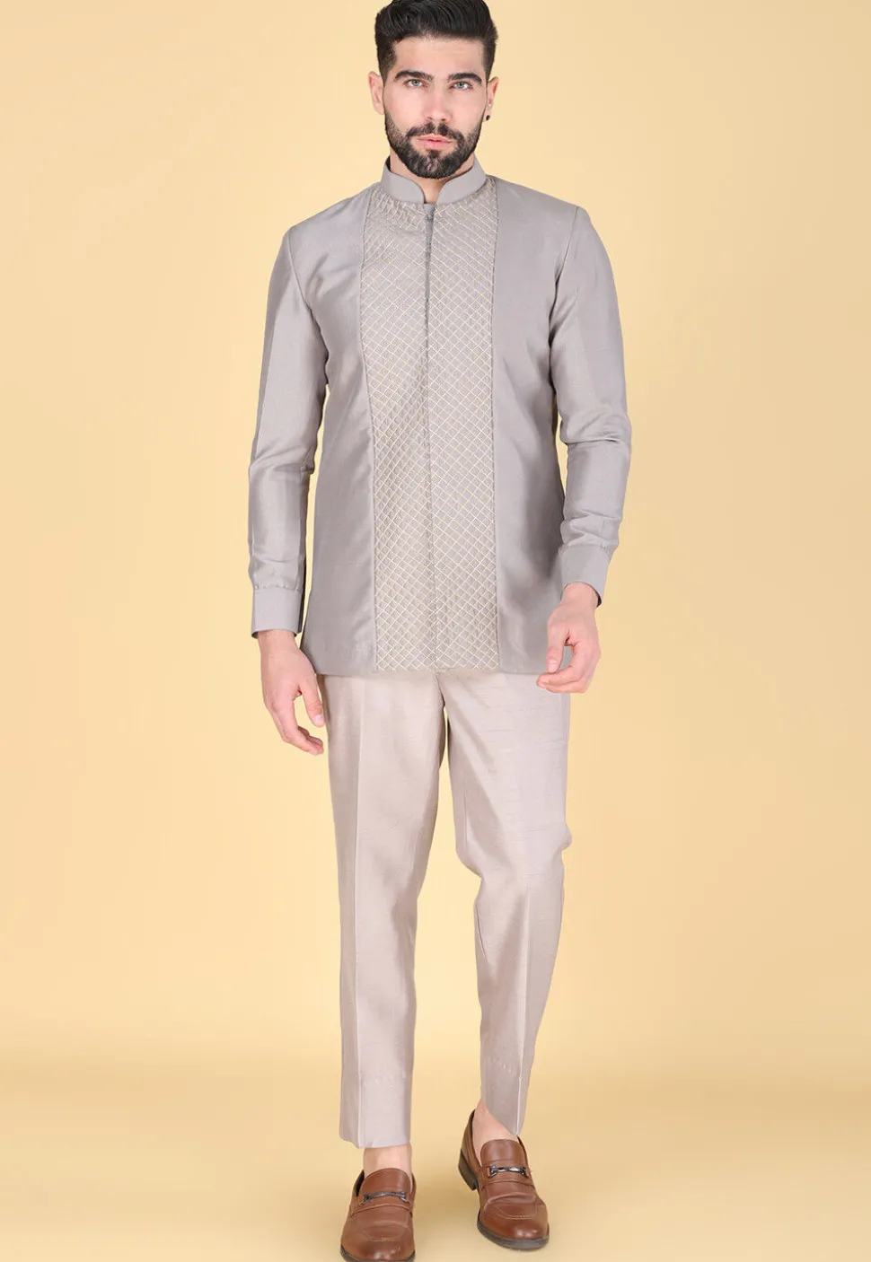 Embroidered Art Silk Sherwani in Fawn