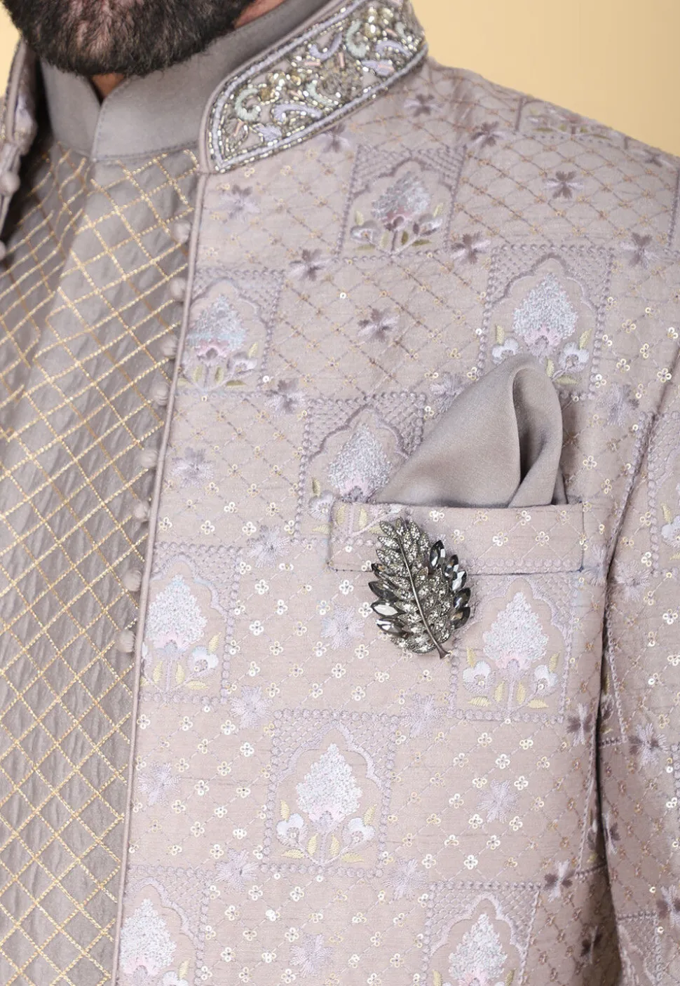 Embroidered Art Silk Sherwani in Fawn