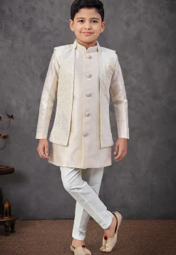 Embroidered Art Silk Sherwani in Cream