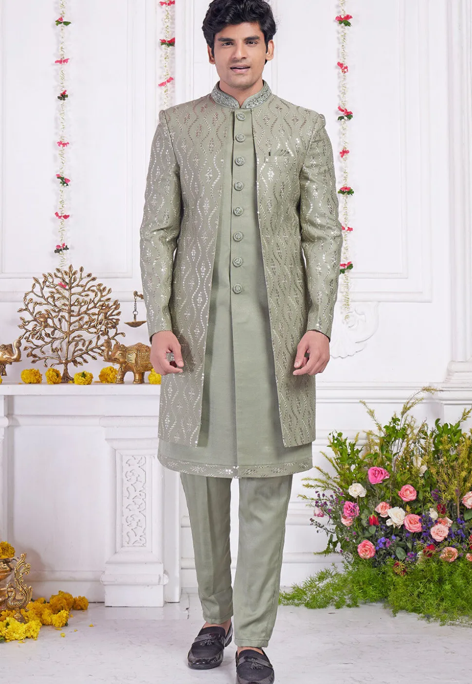 Embroidered Art Silk Sherwani in Dusty Green