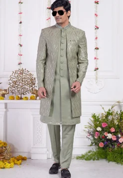 Embroidered Art Silk Sherwani in Dusty Green