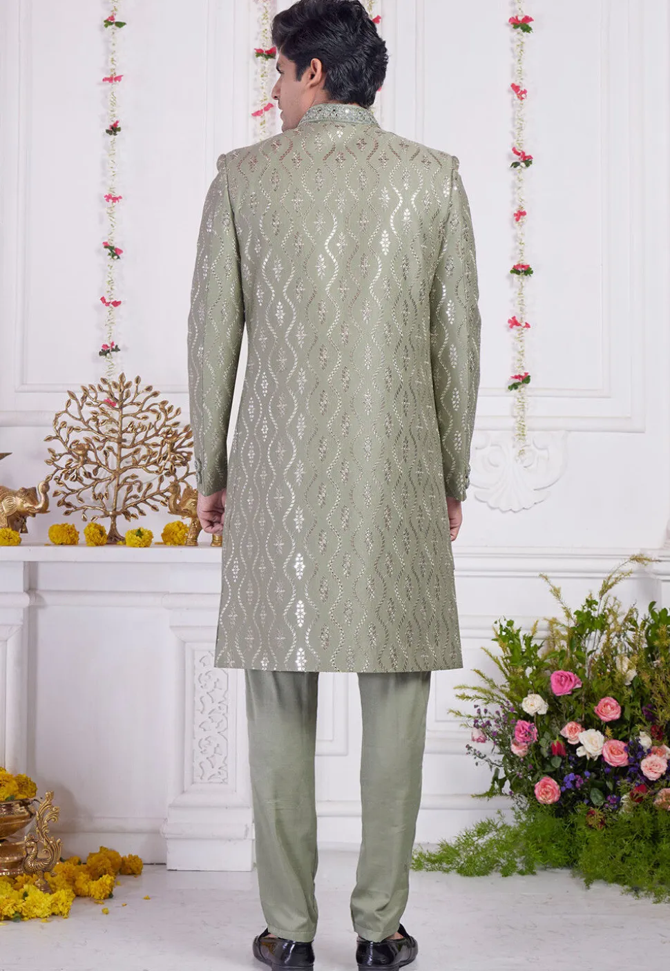 Embroidered Art Silk Sherwani in Dusty Green