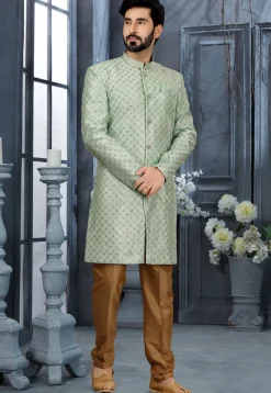 Embroidered Art Silk Sherwani in Sea Green