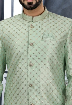 Embroidered Art Silk Sherwani in Sea Green
