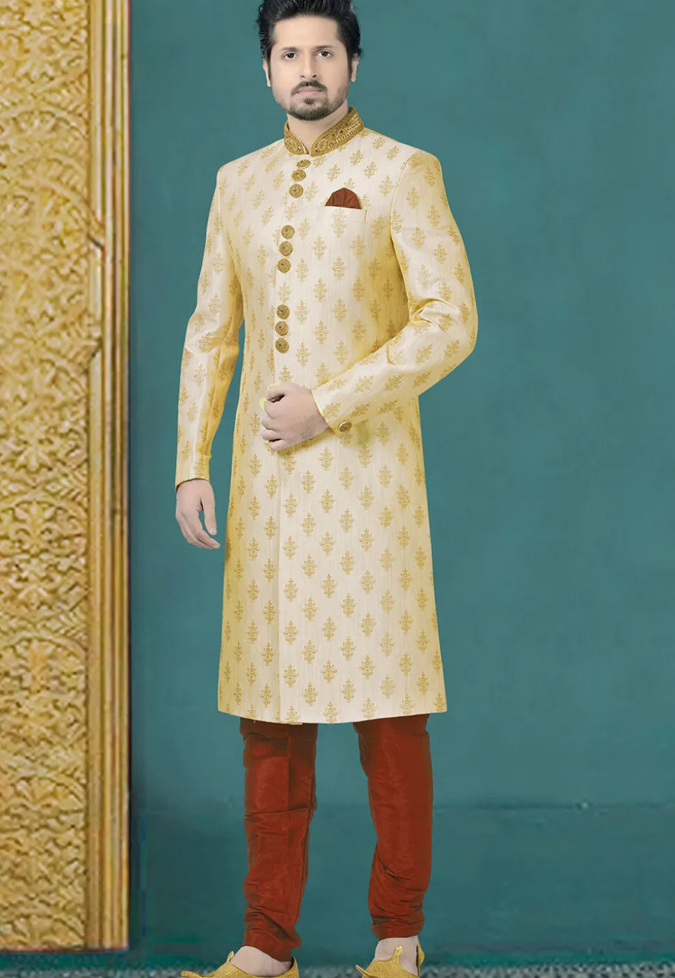 Embroidered Art Silk Sherwani in Beige
