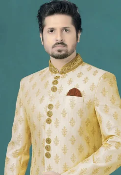 Embroidered Art Silk Sherwani in Beige