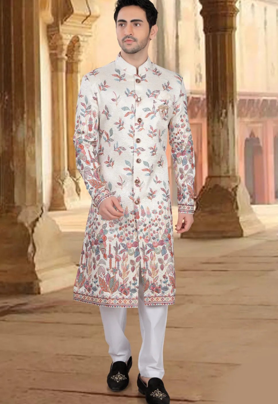 Embroidered Art Silk Sherwani in Off White