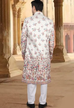 Embroidered Art Silk Sherwani in Off White