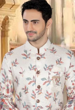 Embroidered Art Silk Sherwani in Off White