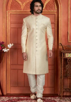 Embroidered Art Silk Sherwani in Cream