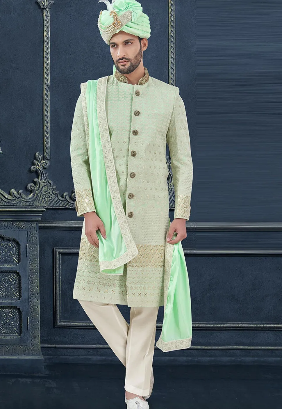 Embroidered Art Silk Sherwani in Light Green